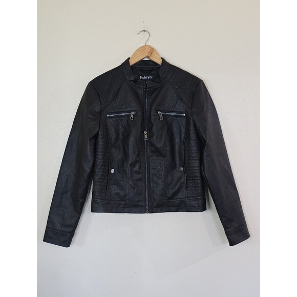 Fahsyee Black Faux Leather Biker Jacket Womens Size Medium Grunge Moto - Picture 1 of 9